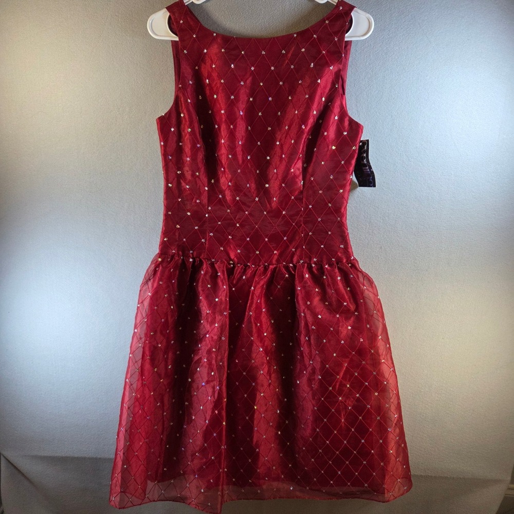 VTG Papell Boutique Evening Red Sparkle Diamond Grid Open Back Bow Dress 8 NWT